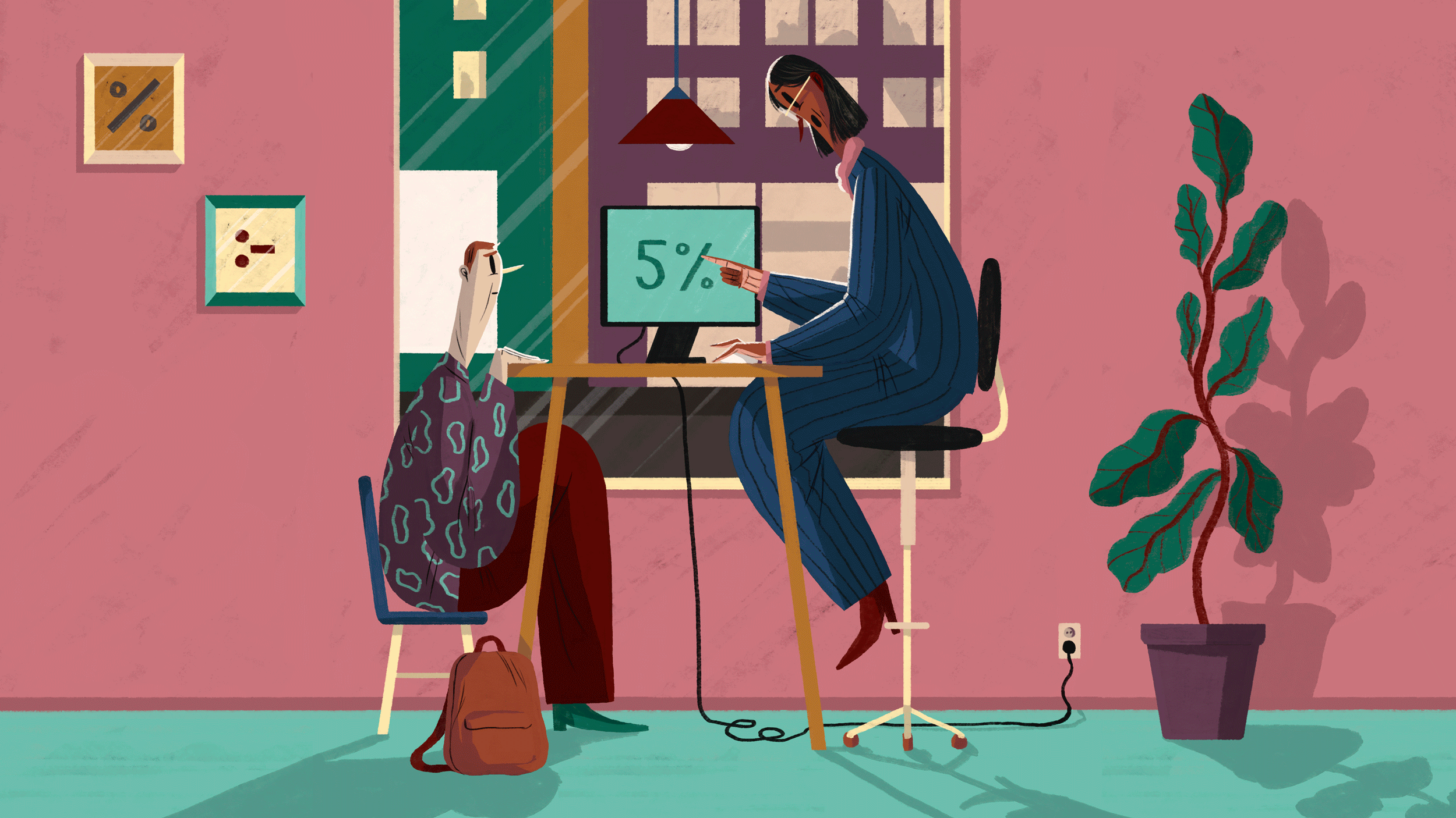 illustration bankkontor, kund i underläge gentemot bankpersonal